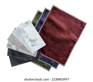 stacked of multi color of velvet fabric and multi pattern of marble laminated samples isolated on background with clipping path. interior samples swatch for selection. interior luxury materials.