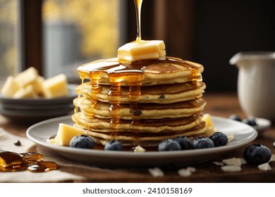 Stacked pancakes glistening with syrup - buttermilk on bottom, wild blueberry in middle, melty chocolate chip pancake up top, sun casting shadows through window - Powered by Shutterstock