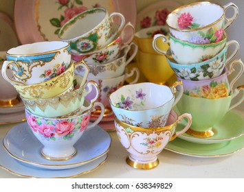 Stacked Pretty Vintage Tea Cups - Afternoon Tea Party