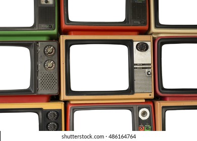 Stacked Retro Vintage Televisions With White Monitor Screen 