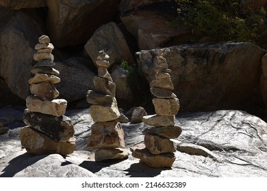 Stacked Rocks Called Rock Cairns Used As Trail Markers
