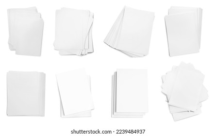 Stacked sheets of paper on white background, top view