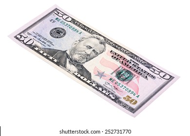 Stacked Shot Of U.S. Fifty Dollar (American Money) Bill, Made At An Angle.