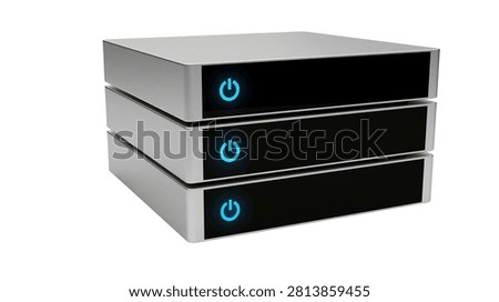 Stacked silver external hard drives with glowing blue power buttons