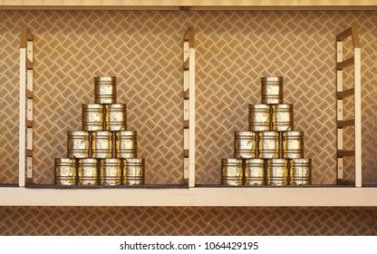 Stacked Tin Can Pyramid For Can Knockdown Game At Funfair, Known As Dosenwerfen In Germany