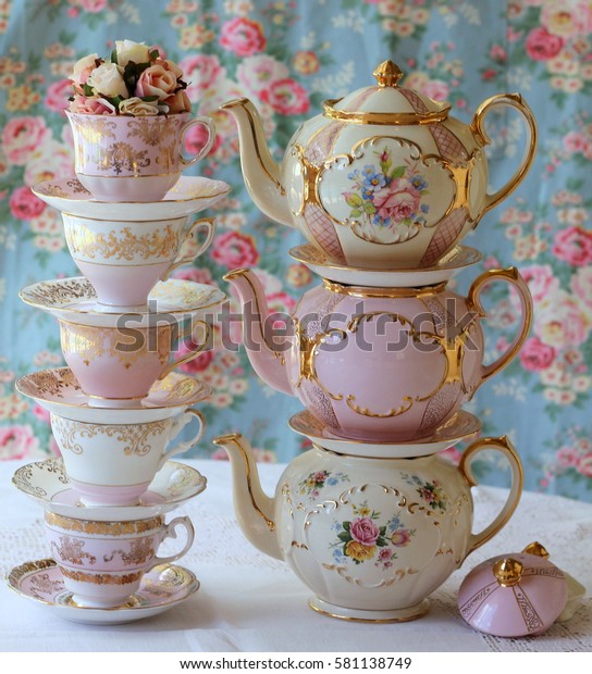 Stacked Vintage Pink Teapots Teacups High Stock Photo 581138749