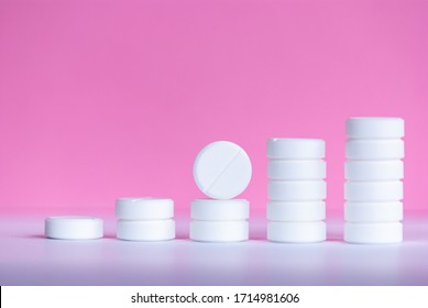 stacked white pills on pink, growing pharm business concept