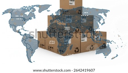 Stacking cardboard shipping boxes into pyramid over blue world map overlay, with logistics icons. Logistics, supplychain, shipping, international, delivery, transportation, distribution