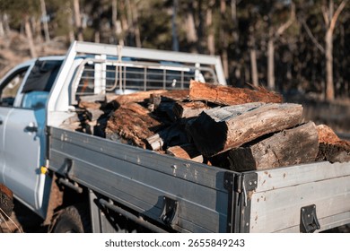 stacking firewood on the back of a ute sustainably sourced from the forest in australia in summer