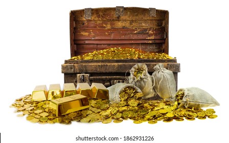 A Lot Of Stacking Gold Coins In Treasure Stack And Gold Bar 1kg On White Background