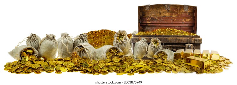 A Lot Of Stacking Gold Coins In Treasure Stack And Gold Bar 1kg On White Background