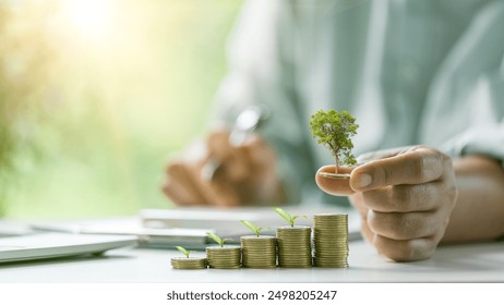 Stacking green finance opportunities can lead to economic growth with money and coins representing the benefits of this sustainable concept. finance, green, money, coin, growth, stack, opportunity. - Powered by Shutterstock