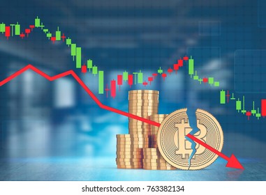 Stacks of bitcoins and a large coin split in half by a falling red graph a blurred office background. Mock up