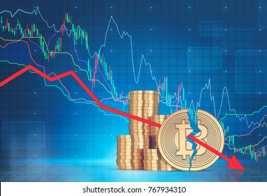 Stacks of bitcoins and a large coin split in half by a falling red graph a blurred blue background. Mock up