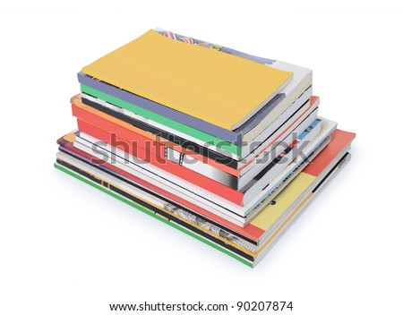  stacks of books and magazines with blank cover isolated on white background
