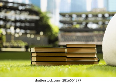 Stacks of books and study materials rest on a sunny campus lawn beside a beanbag, with research tools and blurred modern buildings creating an empty outdoor academic setup.