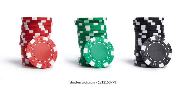 A stacks of casino chips isolated on white background. Collection.