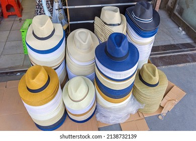 Stacks Of Classic Straw Fedora Hats Variety