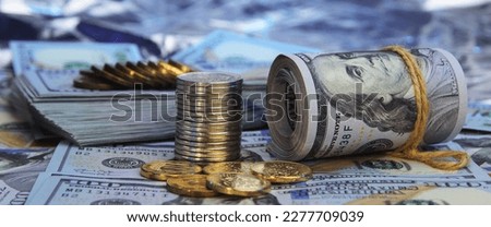 Stacks of coins against the background of hundred-dollar bills are scattered throughout the space.
