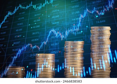 Stacks of coins with digital stock market data overlay, on dark blue background, concept of finance and economy - Powered by Shutterstock