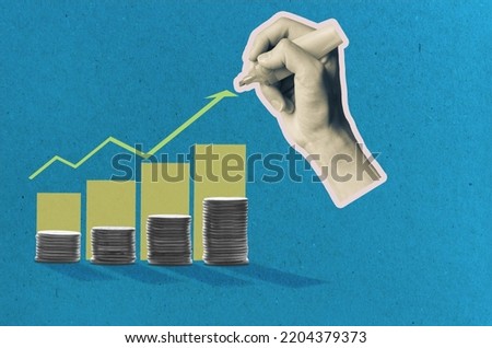 stacks of coins and growth graph. Hand draws a graph of growth. Profitable investment, business concept. art collage.
