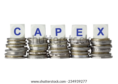 Stacks of coins with the letters CAPEX isolated on white background 
