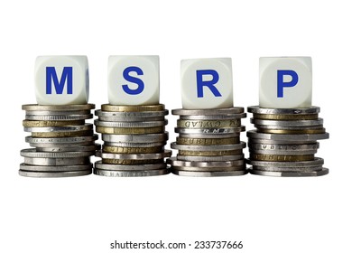 Stacks of coins with the letters MSRP isolated on white background 