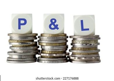 Stacks of coins with the letters P&L isolated on white background 