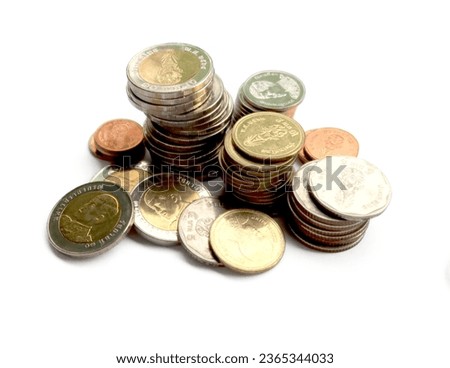 Stacks of coins in various sizes and valued, View from the top, Currency THB, Financial and commit business concept