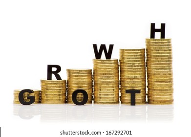Stacks of coins and words "GROWTH" on a white background