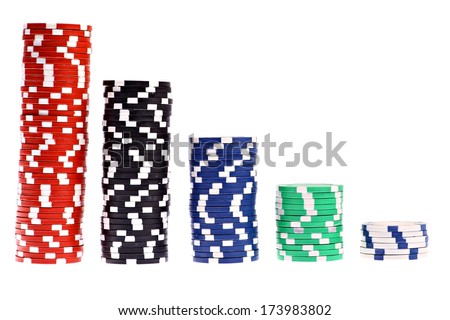 Stacks of colorful poker chips isolated on white background