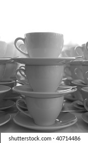 A lot of stacks with empty coffee cups with white background