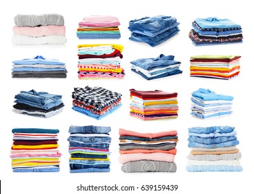 Stacks Of Folded Clothes On White Background