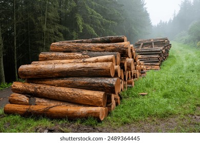 Stacks of freshly cut logs piled along a forest edge, highlighting the process of logging and timber preparation in a misty, lush green environment. The Ardennes Belgium - Powered by Shutterstock