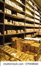  Stacks Of  Gold Bars In Storage In A Bank Vault                            