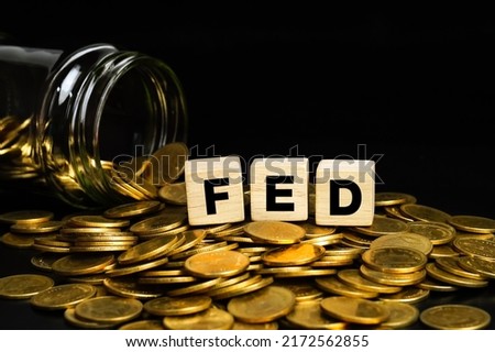 Stacks of gold coins with the letters FED on a wooden cube. Business concept.                          