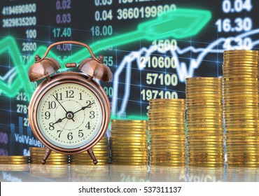 Stacks Of Gold Coins Step With The Vintage Clock Over The LED Display Stock Market Exchange Data Background, Business Investment And Trading Concept