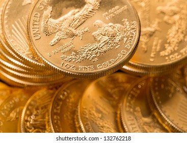 Stacks Of Gold Eagle One Troy Ounce Golden Coins From US Treasury Mint