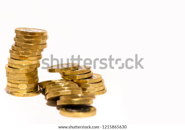 Stacks Heaps British Gbp Golden Coins Signs Symbols - 