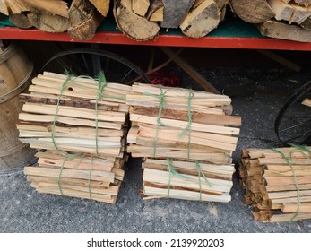 Stacks of kindling wood ready for sale.