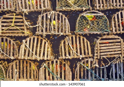 Stacks of lobster traps, Muscongus Bay in New Harbor, ME