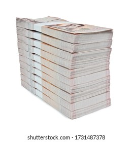 Stacks New Thailand Money Bank Note Value 1000 Baht Stacking 1000000 Baht. Isolated On White Background. This Has Clipping Path. 