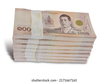 Stacks New Thailand Money Bank Note Value 1000 Baht. Isolated On White Background. This Has Clipping Path.