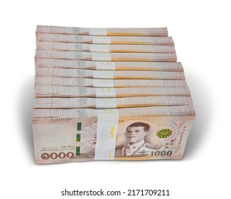 Stacks New Thailand Money Bank Note Value 1000 Baht Total One Million Baht. Isolated On White Background. This Has Clipping Path.