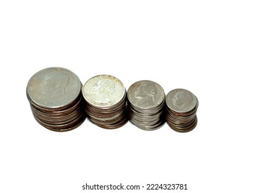 Stacks Of Old American Coins Of Half A Dollar John F. Kennedy Fifty 50 Cents, George Washington Quarters 25 Twenty Five Cents, Franklin D. Roosevelt Dime 10 Cents And Thomas Jefferson 5 Cents