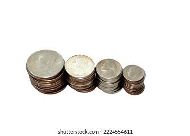 Stacks Of Old American Coins Of Half A Dollar John F. Kennedy Fifty 50 Cents, George Washington Quarters 25 Twenty Five Cents, Franklin D. Roosevelt Dime 10 Cents And Thomas Jefferson 5 Cents