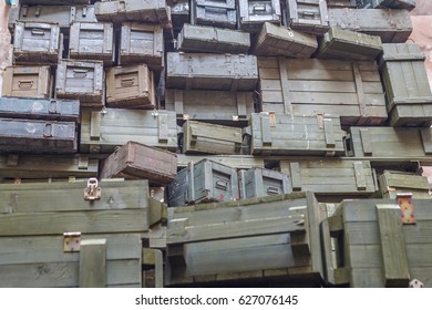 Stacks of old military ammunition boxes in specific ukrainian restaurant
