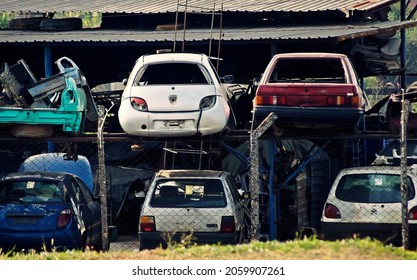Stacks of old and wrecked cars for sale. Junk yard in São Paulo, Brazil          