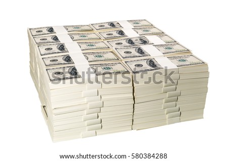 Stacks of one million US dollars in hundred dollar banknotes, isolated on white background, with clipping path.