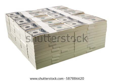 Stacks of one million US dollars in hundred dollar banknotes, isolated on white background, with clipping path.